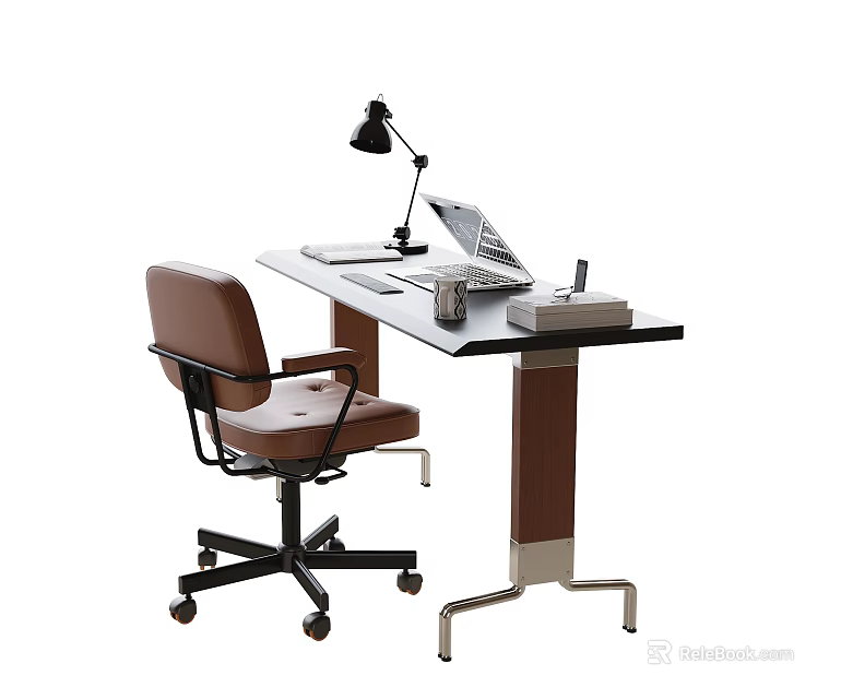 Modern Desk With Laptop Desk Lamp Mug And Books Alongside Brown Office Chair 3d model 