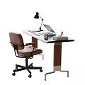 Modern Desk With Laptop Desk Lamp Mug And Books Alongside Brown Office Chair