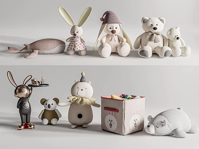 Cute Soft Plush Stuffed Toys Collection Featuring Bunny Bear And Whale 3d model