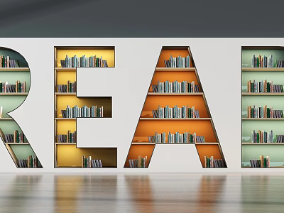 Colorful Letter Shaped Bookcases Filled With Books Against White Wall And Wooden Floor 3d model