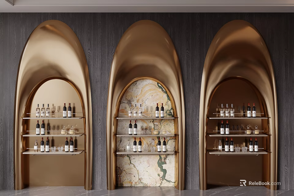 Gold Arched Wine Cabinet With Multi tiered Shelves Holding Wine Bottles And Glasses 3d model 