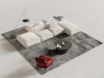 Modern Modular Sectional Sofa With Gray Rug Red Armchair And Coffee Table 3d model