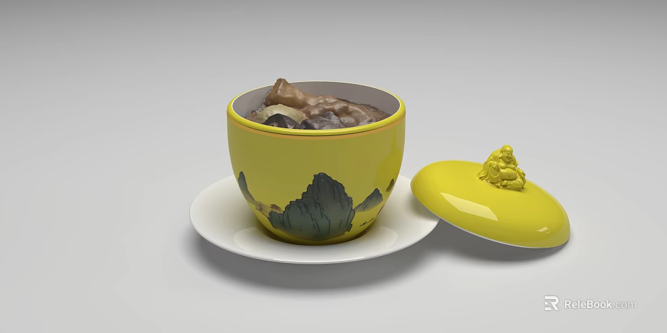 Traditional Chinese Food in Yellow Bowl with Landscape Painting and Decorative Lid on White Plate 3d model 