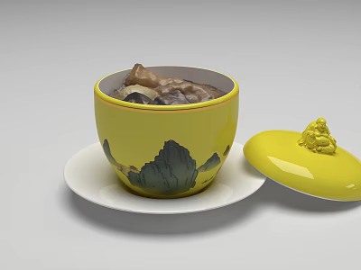 Traditional Chinese Food in Yellow Bowl with Landscape Painting and Decorative Lid on White Plate 3d model