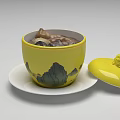 Traditional Chinese Food in Yellow Bowl with Landscape Painting and Decorative Lid on White Plate