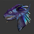 Purple and Blue Fantasy Dragon Character with Horns Sharp Teeth Scales and Spotted Wings
