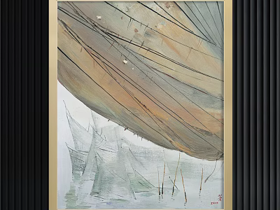 Vintage Framed Sailboat Painting With Large Sails And Calm Water Surface 3d model
