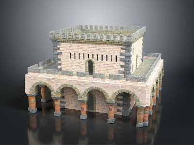 Ancient Architectural Structure With Tower Arches Stone Brick Walls And Columns 3d model