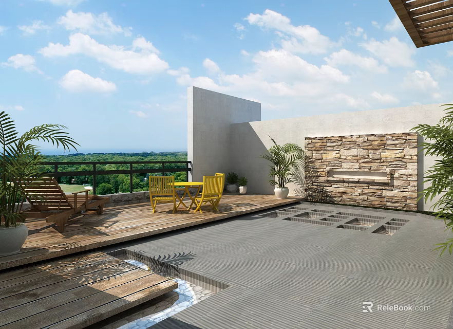 Scenic Villa Balcony With Stone Wall Wooden Deck Yellow Chairs And Potted Plants 3d model 