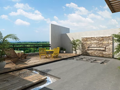 Scenic Villa Balcony With Stone Wall Wooden Deck Yellow Chairs And Potted Plants 3d model