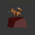 Orange Low Poly Fox Model Standing On Red Polygonal Base Against Gray Background