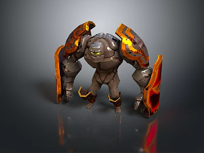 Fierce Game Character With Massive Armored Shoulders And Orange Glowing Elements 3d model