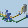 Industrial Equipment System with Green Yellow Pipes Blue Valves and Silver Tanks
