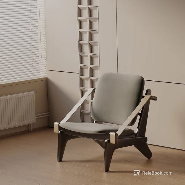 Modern Accent Chair With Gray Cushion And Wooden Armrests In Minimalist Interior Space 3d model 