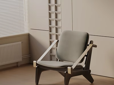 Modern Accent Chair With Gray Cushion And Wooden Armrests In Minimalist Interior Space 3d model