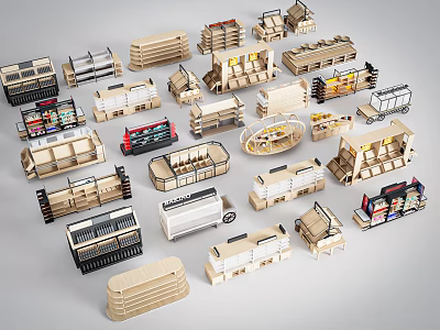 Display Shelves in Various Styles Wooden and Metal with Different Structures for Retail Store 3d model