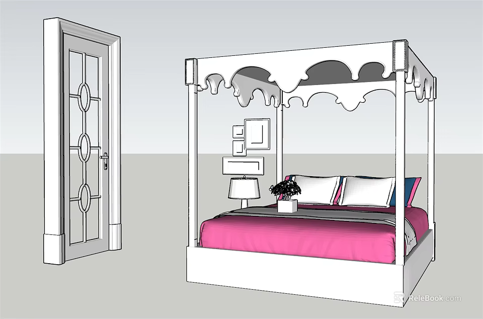 Elegant Four Poster Double Bed With Pink Bedspread Nightstand Lamp And Wall Art 3d model 