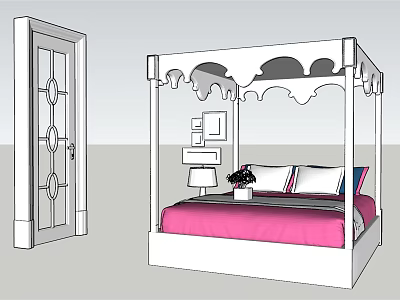 Elegant Four Poster Double Bed With Pink Bedspread Nightstand Lamp And Wall Art 3d model