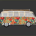 Vintage Volkswagen Van Decorated With Colorful Floral Patterns And Wooden Roof Rack