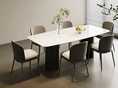 Modern Dining Table Set With White Top Gray Upholstered Chairs Potted Plant And Fruit Bowl 3d model