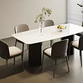 Modern Dining Table Set With White Top Gray Upholstered Chairs Potted Plant And Fruit Bowl