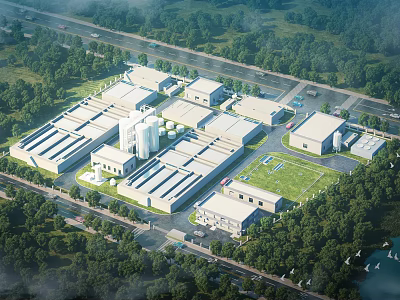 Industrial Factory Aerial View With Multiple Buildings Surrounded By Green Trees And Lawns 3d model