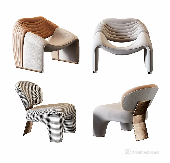 Unique Modern Leisure Chairs Featuring Curved Design Upholstered Fabric Various Styles And Metal Legs 3d model 