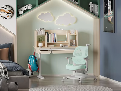 Kids Room Interior With Study Desk Ergonomic Chair Bookshelf And Cloud Decorations 3d model