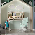 Kids Room Interior With Study Desk Ergonomic Chair Bookshelf And Cloud Decorations