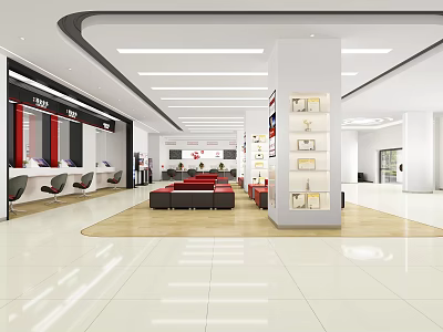 Modern Bank Lobby Interior With Open Layout Comfortable Seating And Service Counters 3d model