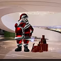 Giant Santa Claus Figure With Red Gift Boxes In Modern Hall Interior With Curved Structure