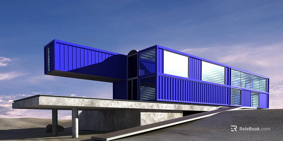 Modern Detached Villa Featuring Blue Container Structure Large Windows And Concrete Platform 3d model