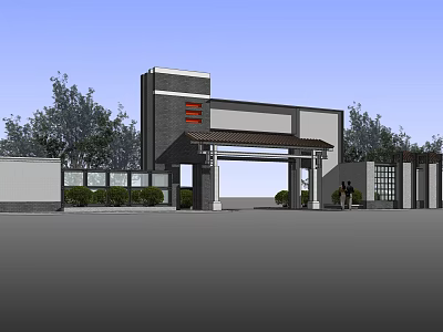 Modern Traditional Entrance Gate With Archway Gray White Walls And Greenery 3d model