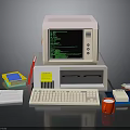 Vintage Computer Office Setup With Monitor Keyboard Printer Books And Accessories