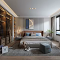 Modern Bedroom Interior With Wardrobe Bed Decorative Painting Window Curtains And Soft Rug