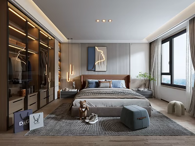 Modern Bedroom Interior With Wardrobe Bed Decorative Painting Window Curtains And Soft Rug 3d model