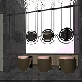 Luxury SPA Sauna Interior With Pink Gradient Wall Circular Mirrors and Brown Stools