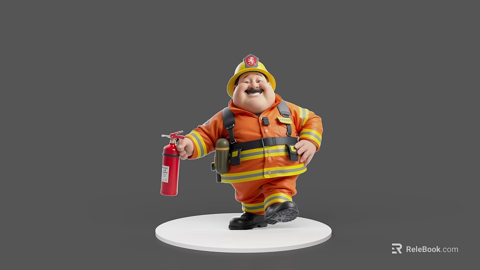 Cartoon Firefighter Game Character Wearing Orange Uniform Yellow Helmet Holding Red Fire Extinguisher 3d model 