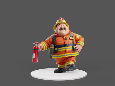 Cartoon Firefighter Game Character Wearing Orange Uniform Yellow Helmet Holding Red Fire Extinguisher 3d model