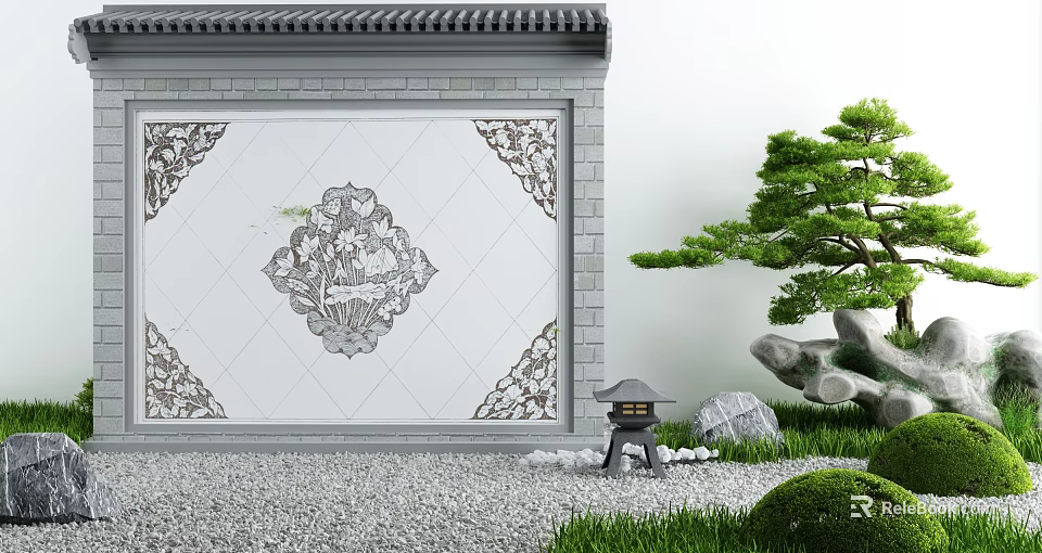 Traditional Courtyard Garden With Gray Brick Wall Carved Patterns Pine Tree And Stone Lantern 3d model 