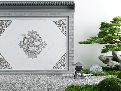 Traditional Courtyard Garden With Gray Brick Wall Carved Patterns Pine Tree And Stone Lantern 3d model