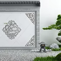 Traditional Courtyard Garden With Gray Brick Wall Carved Patterns Pine Tree And Stone Lantern