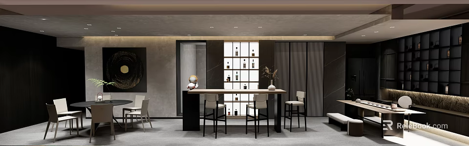 Modern Leisure Area with Bar Counter Bar Stools White Wine Rack Bottles and Decorative Vase 3d model 