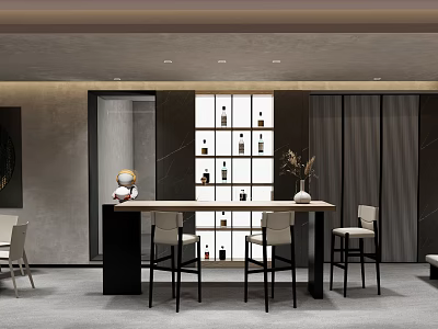 Modern Leisure Area with Bar Counter Bar Stools White Wine Rack Bottles and Decorative Vase 3d model