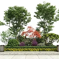 Green Shrubs With Tall Trees Red Tree Yellow Flowers Gray Trash Bins And Gray Ground
