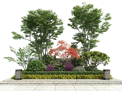 Green Shrubs With Tall Trees Red Tree Yellow Flowers Gray Trash Bins And Gray Ground 3d model