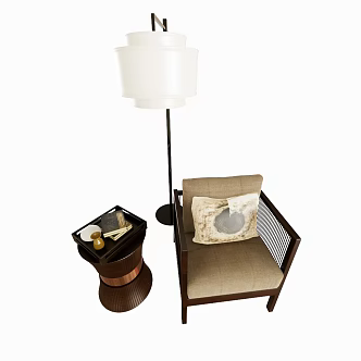 New Chinese-style Armchair Single Sofa Floor Lamp Coffee Table 3d model