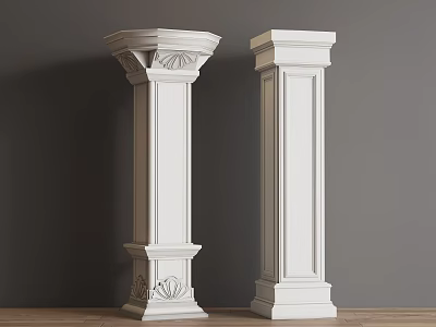 Classical White Columns With Carved Decorative Top And Base On Dark Wall Wooden Floor 3d model
