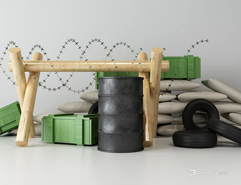 Weapon Setup with Barbed Wire Wooden Frame Green Crates and Sandbags 3d model 