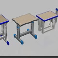 Stools with Wooden Seats Blue Edges White Frames and Rolling Wheels 3d model